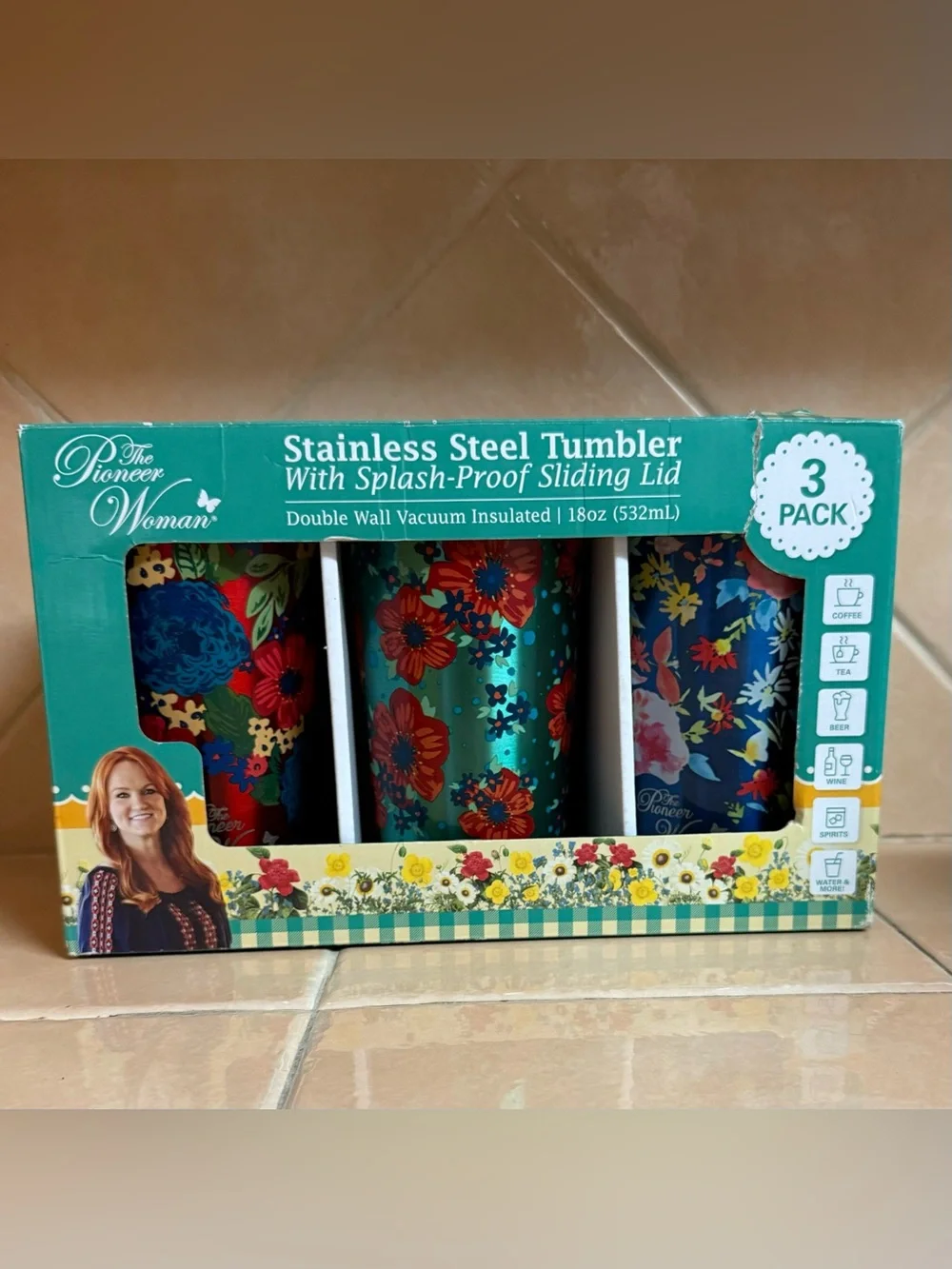 NIB The Pioneer Woman Turquoise & Navy Floral Stainless Steel Tumbler 3-Pack